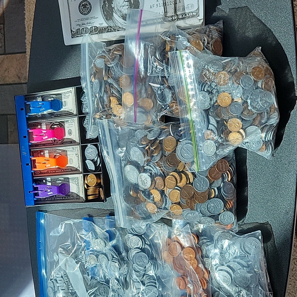 Lot of Play Money - Plastic Coins, Small Paper Bills And Large Laminated Bills